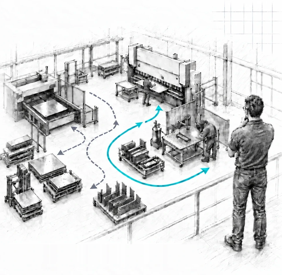 Isometric pencil drawing of a press-brake shop: the current condition wandering between machines, the future state running straight through the cell
