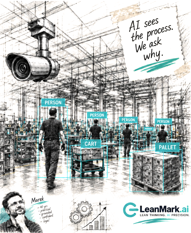 Camera over a factory floor with person, cart and pallet detections — AI sees the process. We ask why.