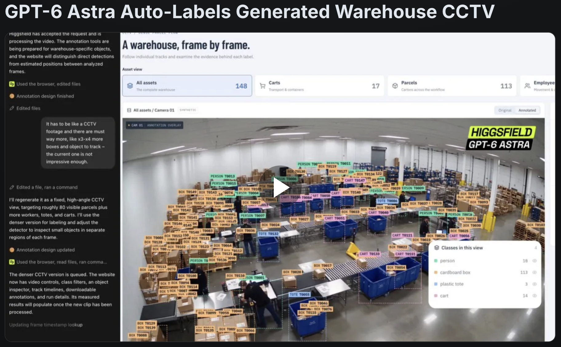 Screenshot of a warehouse object tracking demo with person, box and cart labels.