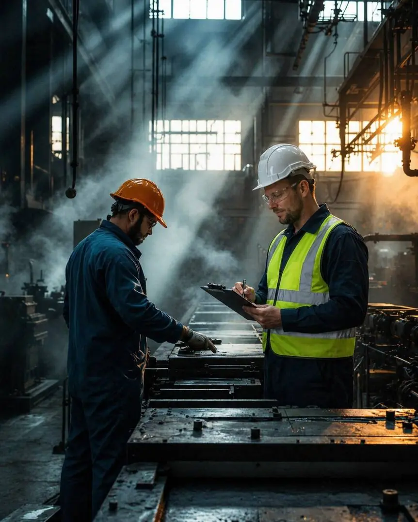Marek on the production floor with a team member