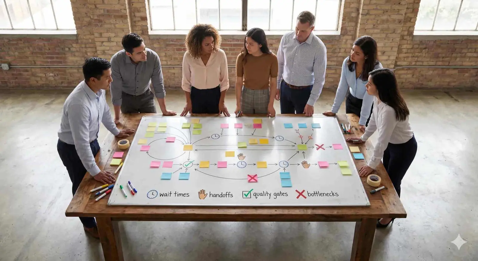 Team mapping the value stream on a whiteboard
